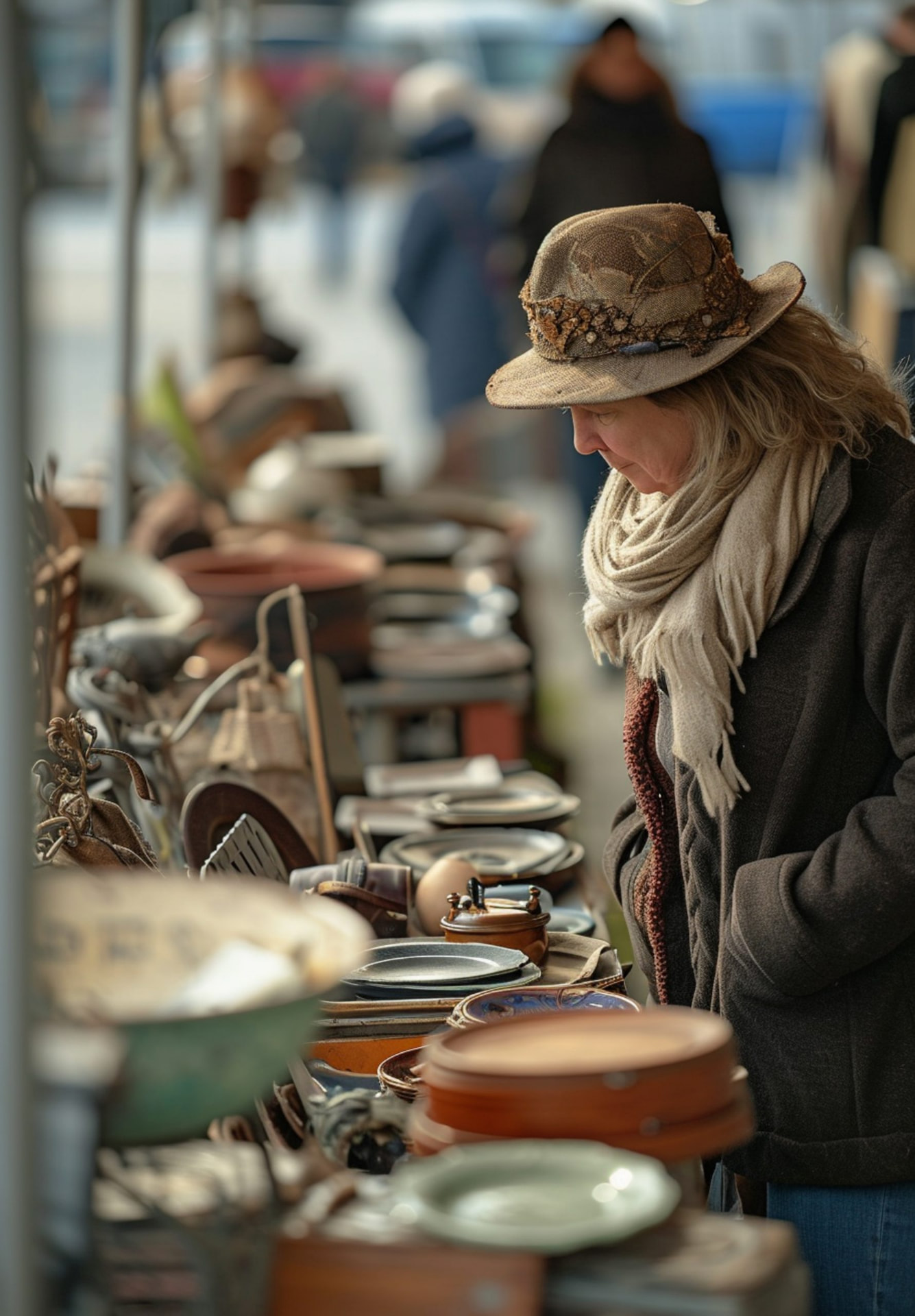 A woman browsing handmade goods at an outdoor artisan market