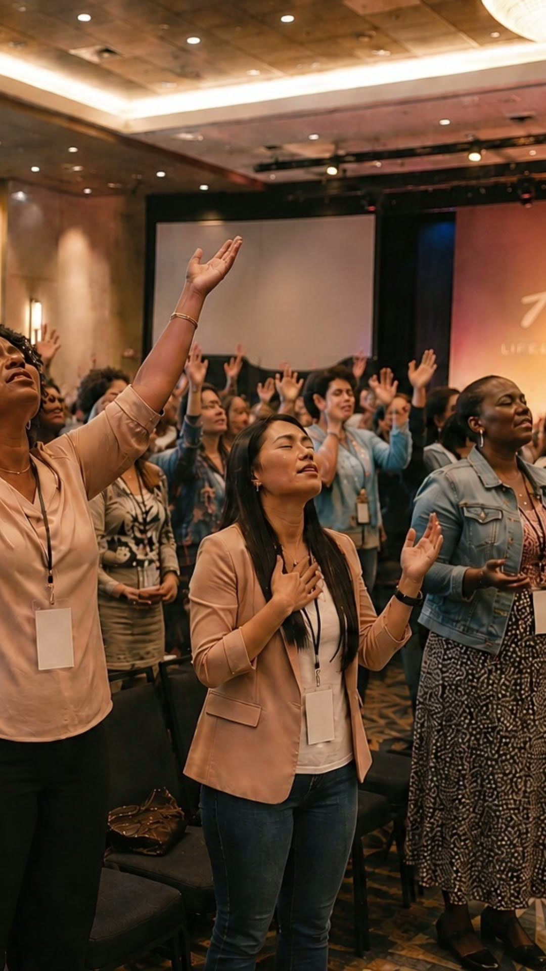 Women worshipping with raised hands during the main Pursuit for Passion session