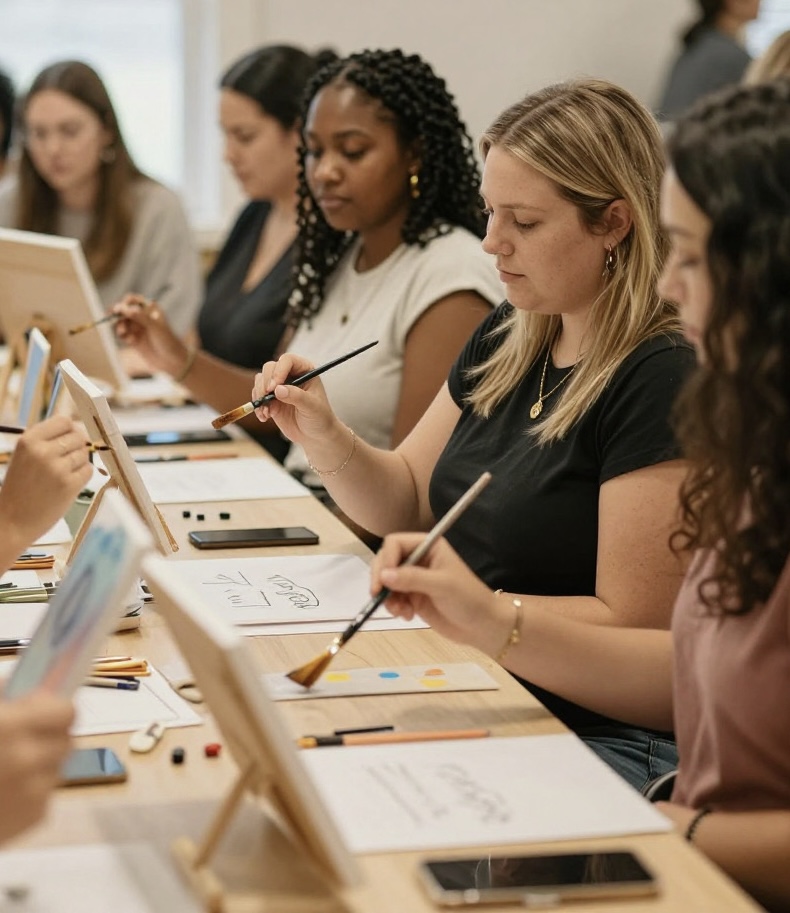 Women painting on canvases during a creative worship night