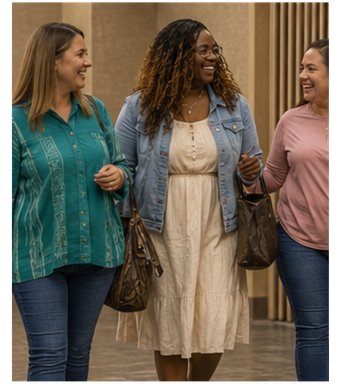 Women laughing and walking together during a Khesed sisterhood gathering