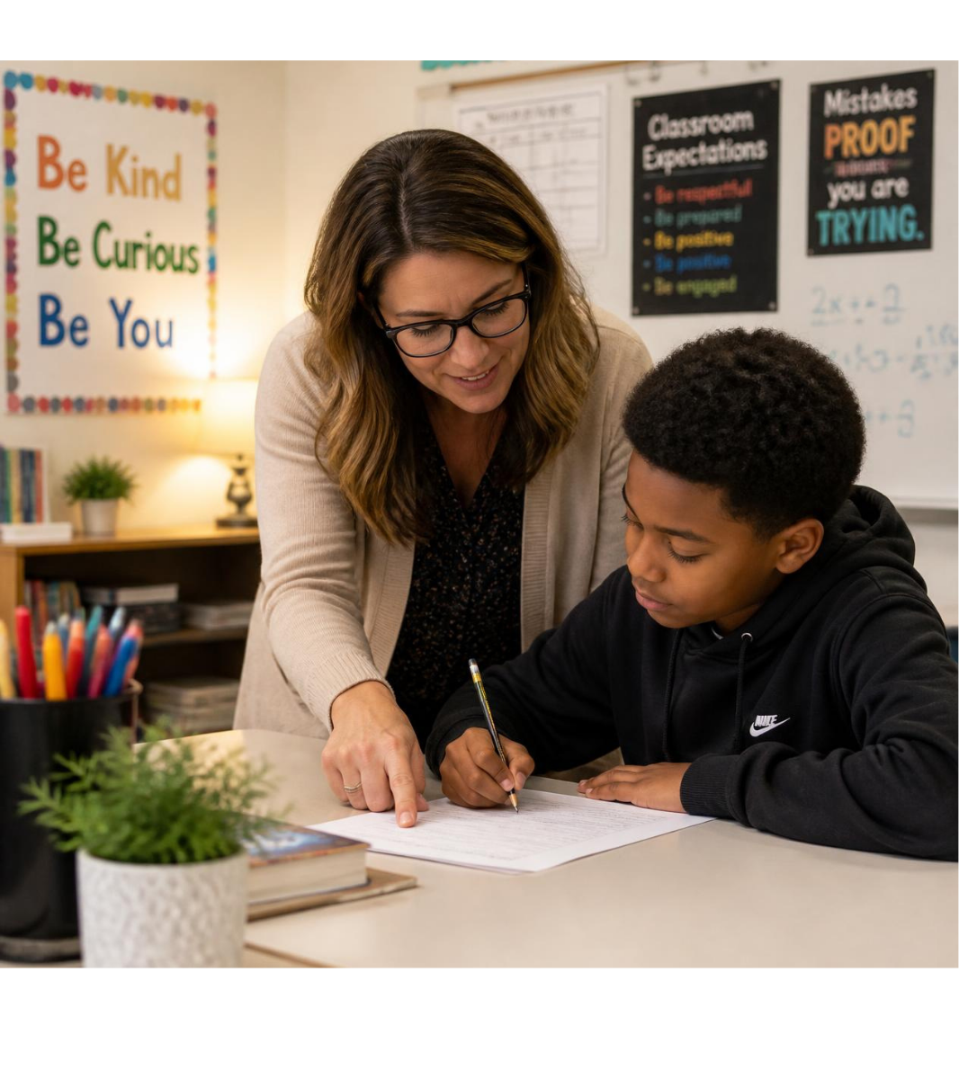 A teacher helping a student with classwork in a bright classroom
