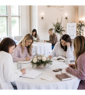Women gathered around tables for Bible journaling at a Khesed workshop